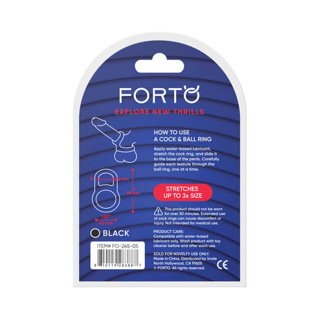 Forto F-41 Lock Cock & Ball Ring Black product packaging with usage instructions and care information.