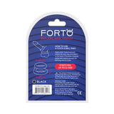 Forto F-43 Tiered Cock & Ball Ring Black packaging showing usage instructions and product care tips.