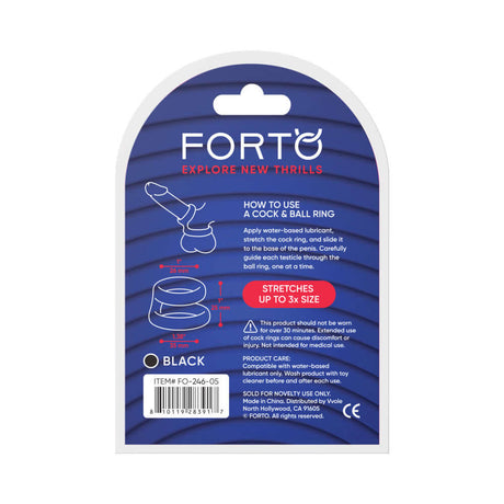 Forto F-43 Tiered Cock & Ball Ring Black packaging showing usage instructions and product care tips.