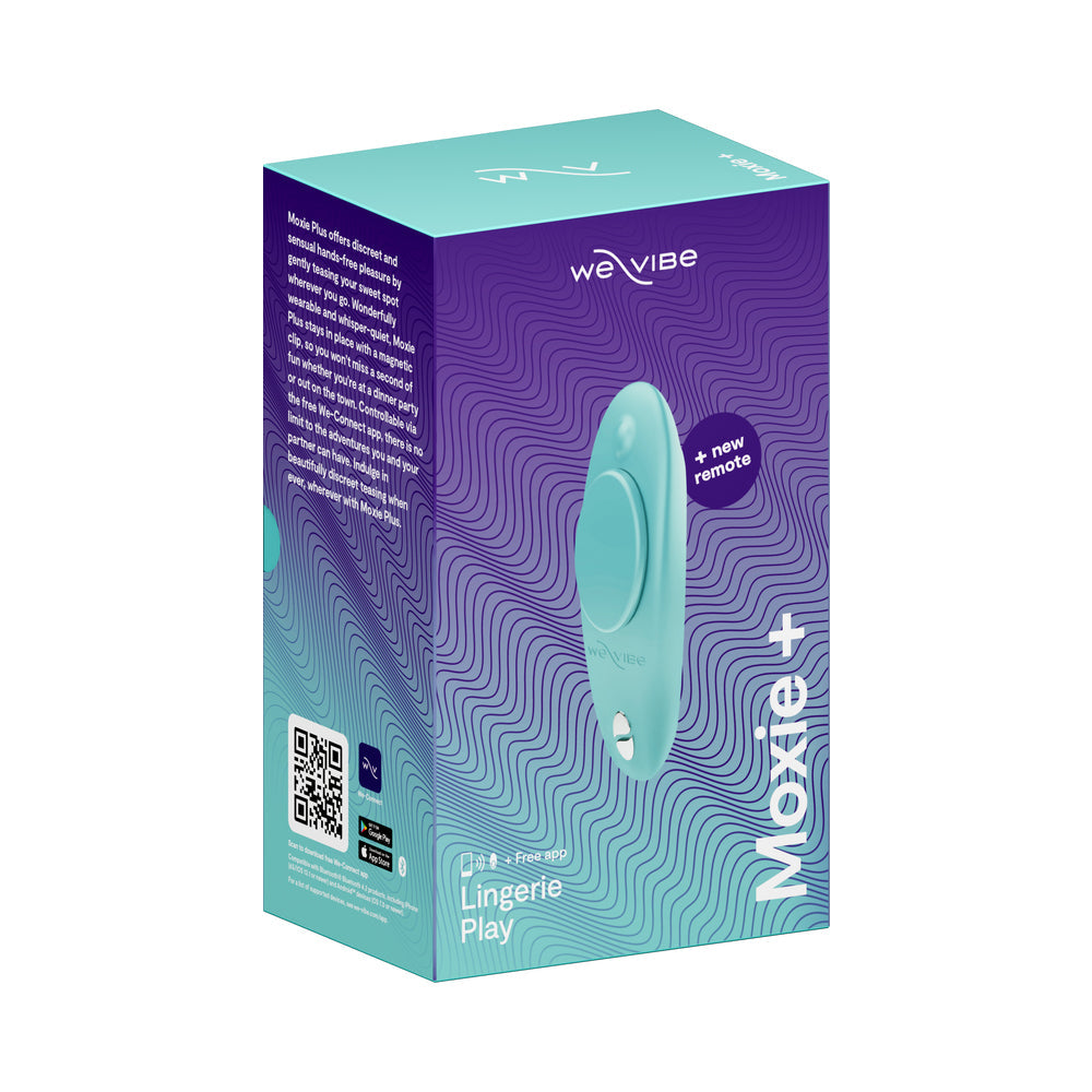 We-Vibe Moxie Plus Wearable Clitoral Vibrator Teal packaging design with remote control details.