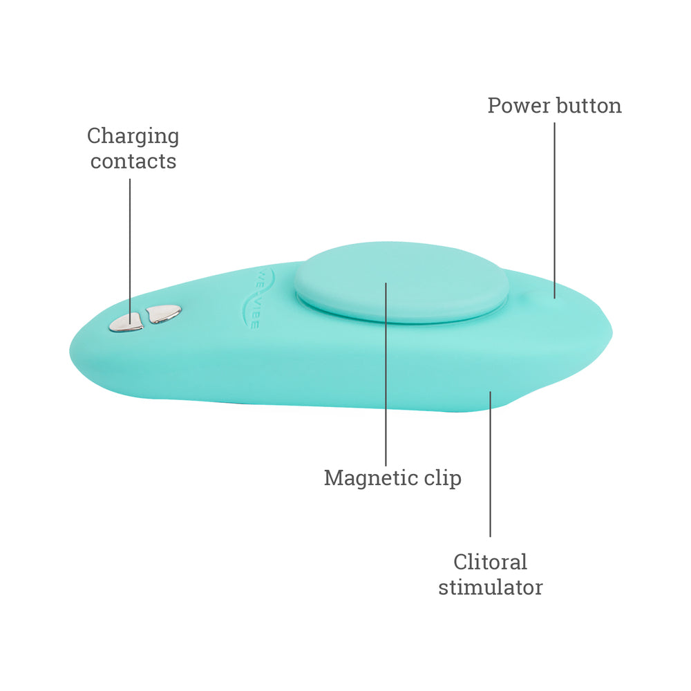 We-Vibe Moxie Plus Wearable Clitoral Vibrator Teal features, including power button, magnetic clip, and clitoral stimulator.