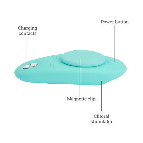 We-Vibe Moxie Plus Wearable Clitoral Vibrator Teal features, including power button, magnetic clip, and clitoral stimulator.