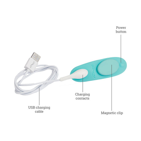 We-Vibe Moxie Plus Wearable Clitoral Vibrator Teal with USB charging cable and magnetic clip features