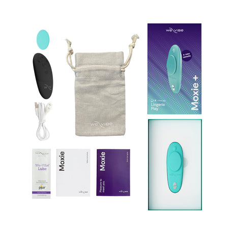 We-Vibe Moxie Plus Wearable Clitoral Vibrator Teal with accessories including pouch, charger, and lube samples.