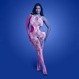 Fantasy Lingerie Glow Equilibrium Crotchless Bodystocking on a model showcasing its delicate lace and glow features.