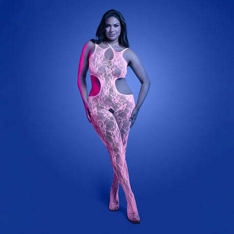 Fantasy Lingerie Glow Equilibrium Crotchless Bodystocking on a model showcasing its delicate lace and glow features.