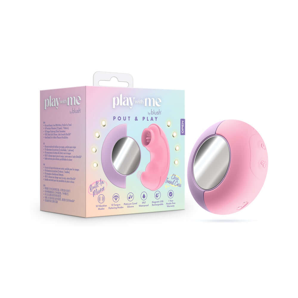 Play With Me Pout & Play Vibrator Pink displayed in its packaging with sleek design and built-in mirror.
