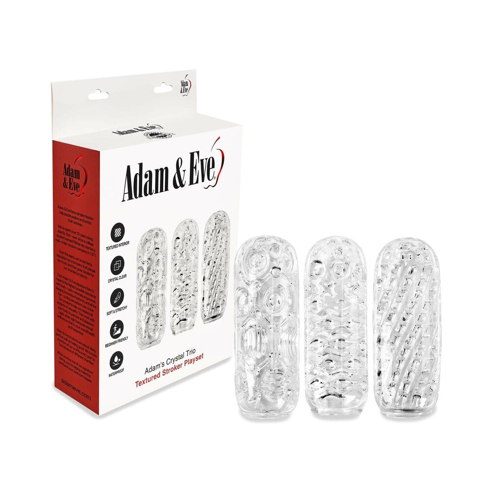 Adam and Eve Adams Crystal Trio Textured Stroker Set displayed with three clear textured strokers in packaging.