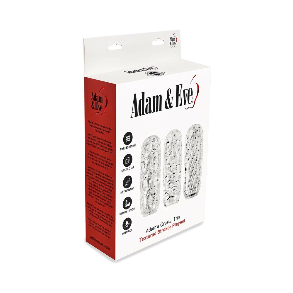 Adam and Eve Adams Crystal Trio Textured Stroker Set packaging displaying three unique textured strokers.