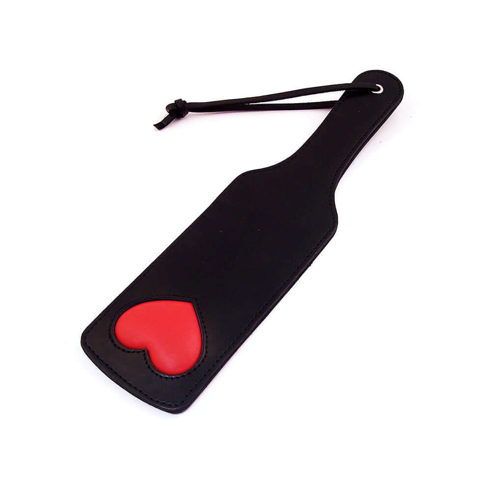 Rouge Leather Paddle with Padded Heart Black Red, stylish black leather paddle with red heart, perfect for impact play.