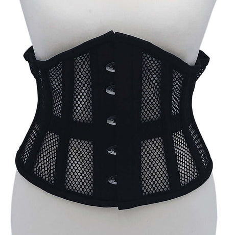 Rouge Mesh Corset Black L XL with mesh design and secure front hooks for a sculpted silhouette.