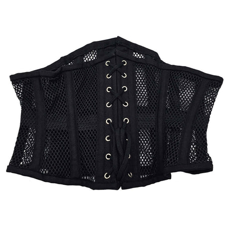 Rouge Mesh Corset Black L XL featuring breathable mesh fabric and front hooks for a fitted silhouette.