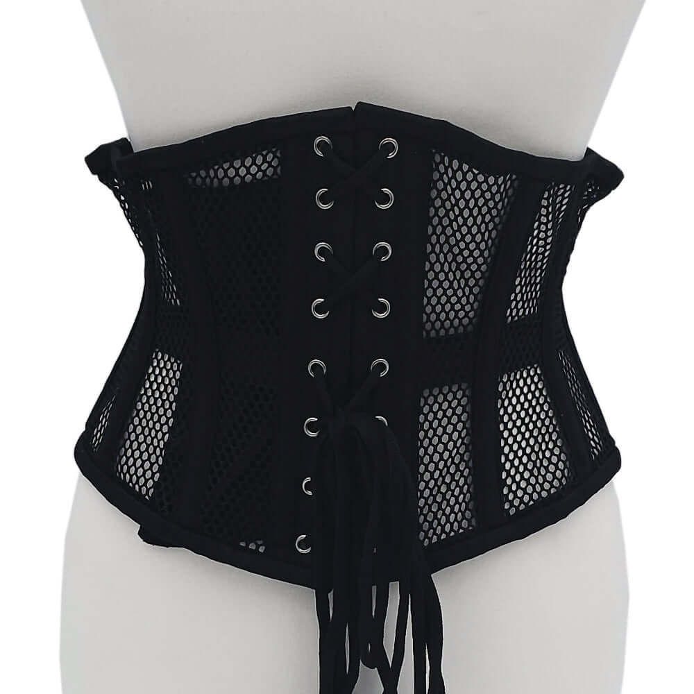 Rouge Mesh Corset Black 3XL 4XL displayed on a mannequin with lace-up front, showcasing a stylish mesh design.
