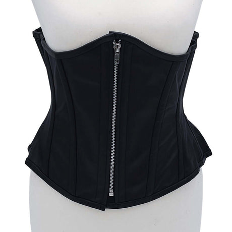 Rouge Leather Corset Black S M showcased on a mannequin, featuring a sleek design and zipper closure.