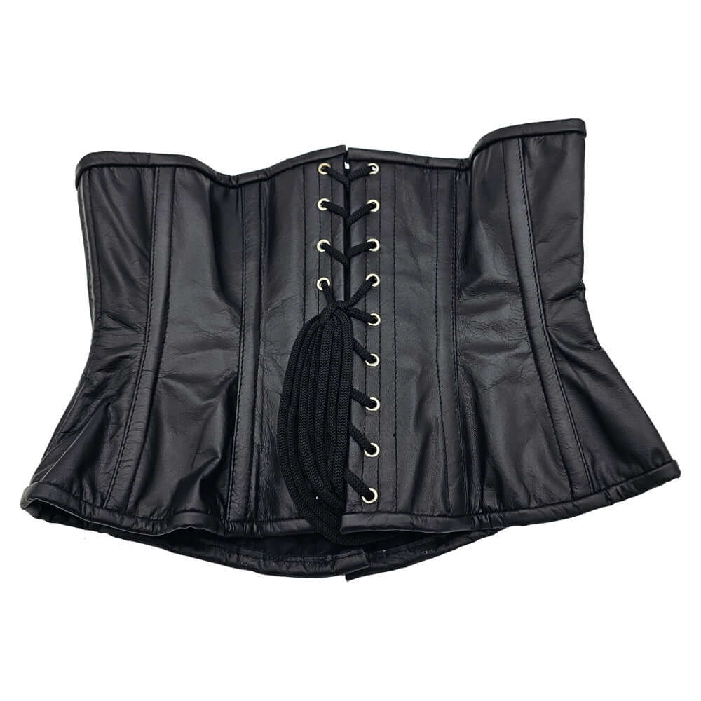 Rouge Leather Corset Black S M front view showcasing lace-up design and premium leather material.