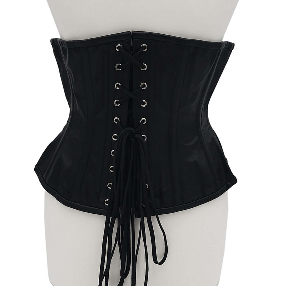 Rouge Leather Corset Black L XL showcasing intricate lacing and a sleek silhouette, perfect for enhancing curves.
