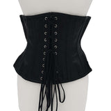 Rouge Leather Corset Black L XL showcasing intricate lacing and a sleek silhouette, perfect for enhancing curves.