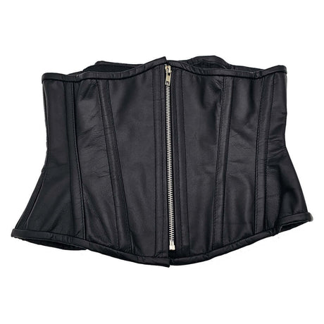 Rouge Leather Corset Black L XL featuring a stylish zipper closure and structured design, perfect for a bold fashion statement.