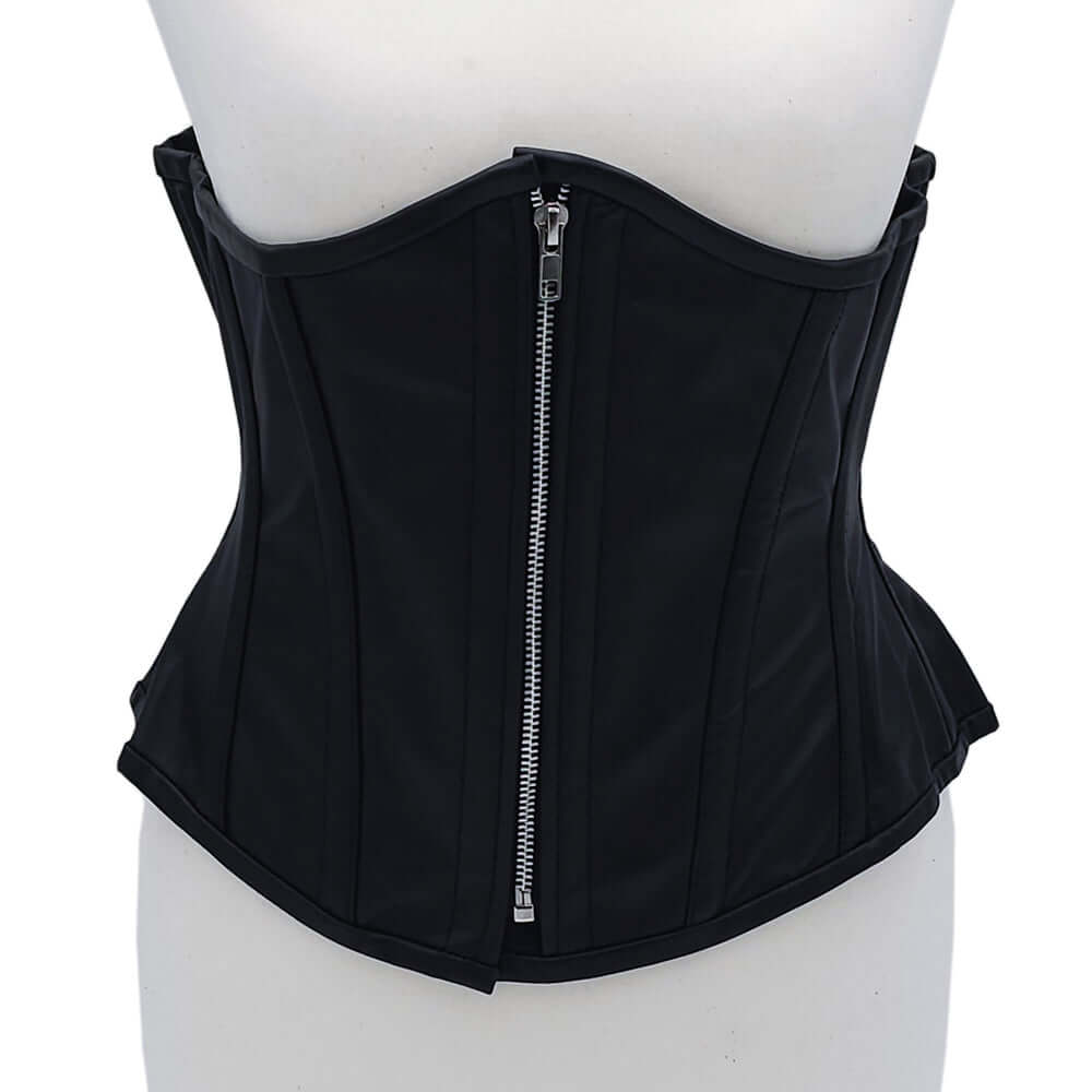 Rouge Leather Corset Black 3XL 4XL featured on a mannequin showcasing its sleek design and zipper detail.