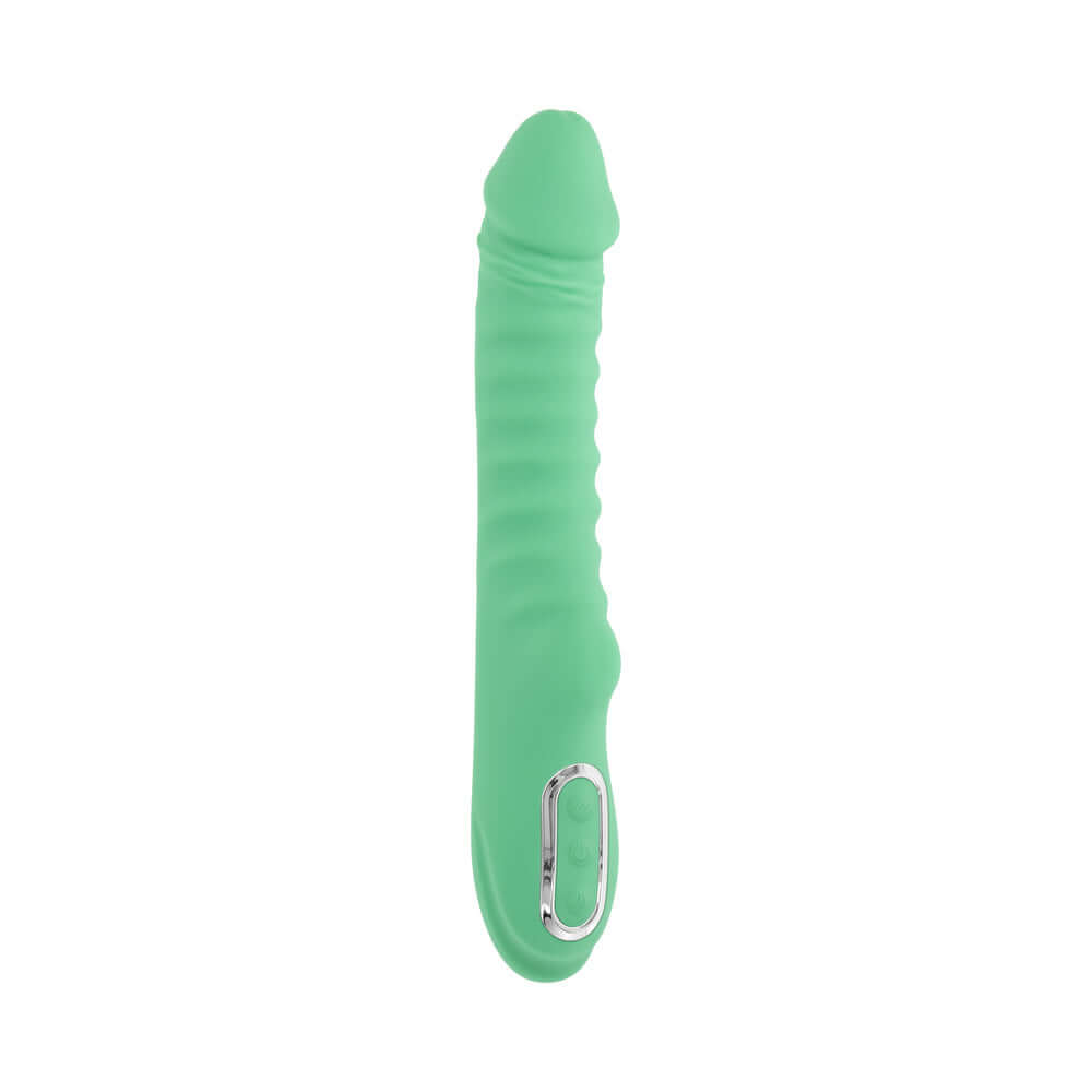 Evolved Full Throttle Warming Vibrator Silicone Mint Green with ribbed shaft and warming sensation for pleasure.