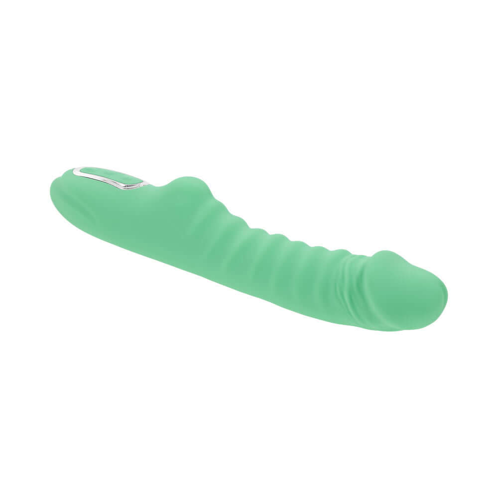 Evolved Full Throttle Warming Vibrator Silicone Mint Green on a white background, showcasing its sleek design and color.