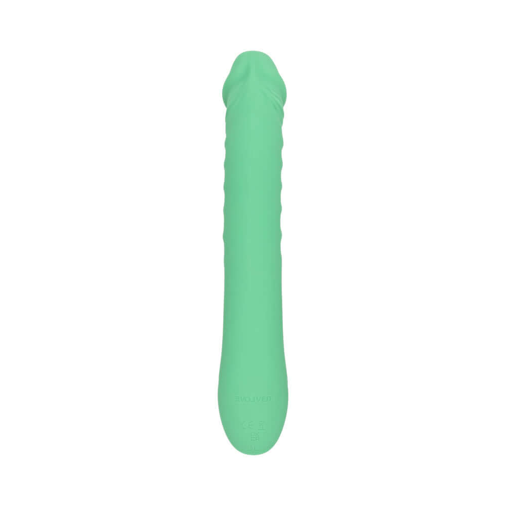 Evolved Full Throttle Warming Vibrator Silicone Mint Green with a ribbed shaft and gently curved design.