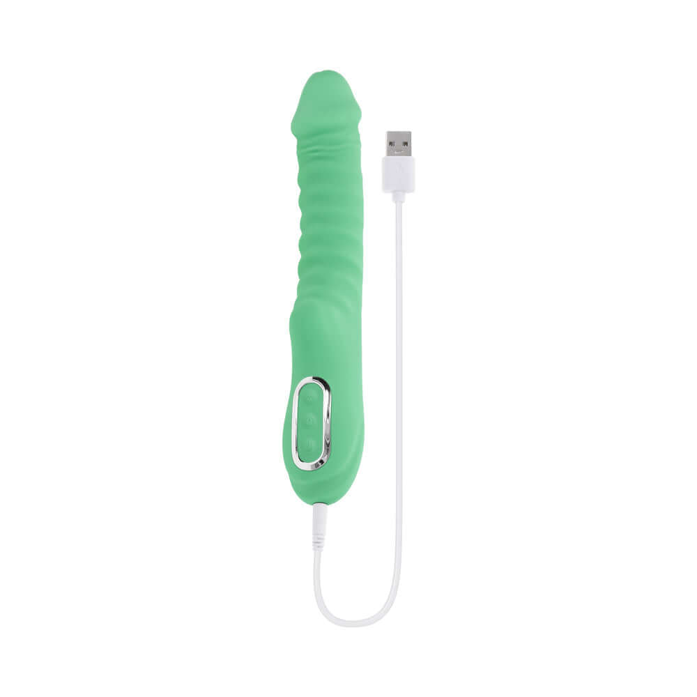 Evolved Full Throttle Warming Vibrator Silicone Mint Green with USB charging cable.