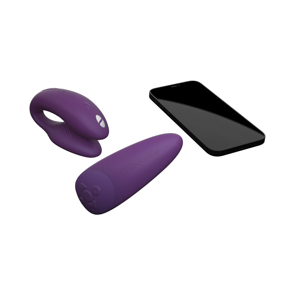 We-Vibe Chorus Couples Vibrator Purple with remote and phone, showcasing innovative design and features for intimate pleasure.
