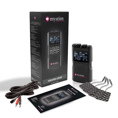Mystim Tension Lover 2 package with device, cables, and electrodes displayed on a white background.