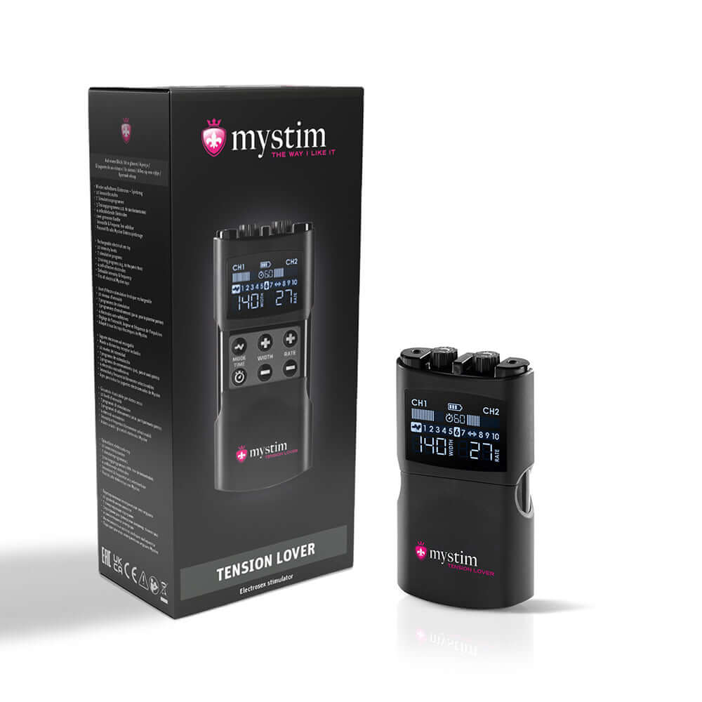 Mystim Tension Lover 2 device with digital display and packaging for stimulation.