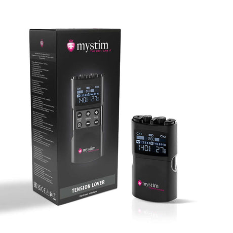 Mystim Tension Lover 2 device with digital display and packaging for stimulation.