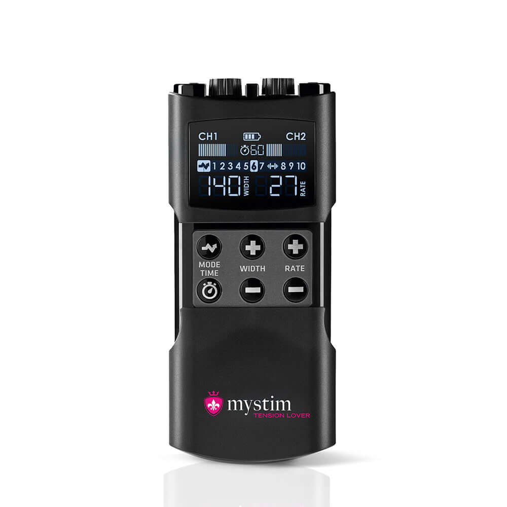 Mystim Tension Lover 2 stimulation device with dual channels and control buttons for customized pleasure settings.
