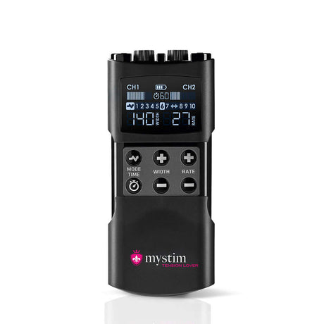 Mystim Tension Lover 2 stimulation device with dual channels and control buttons for customized pleasure settings.