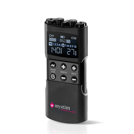 Mystim Tension Lover 2 device with digital display and control buttons for stimulation settings.