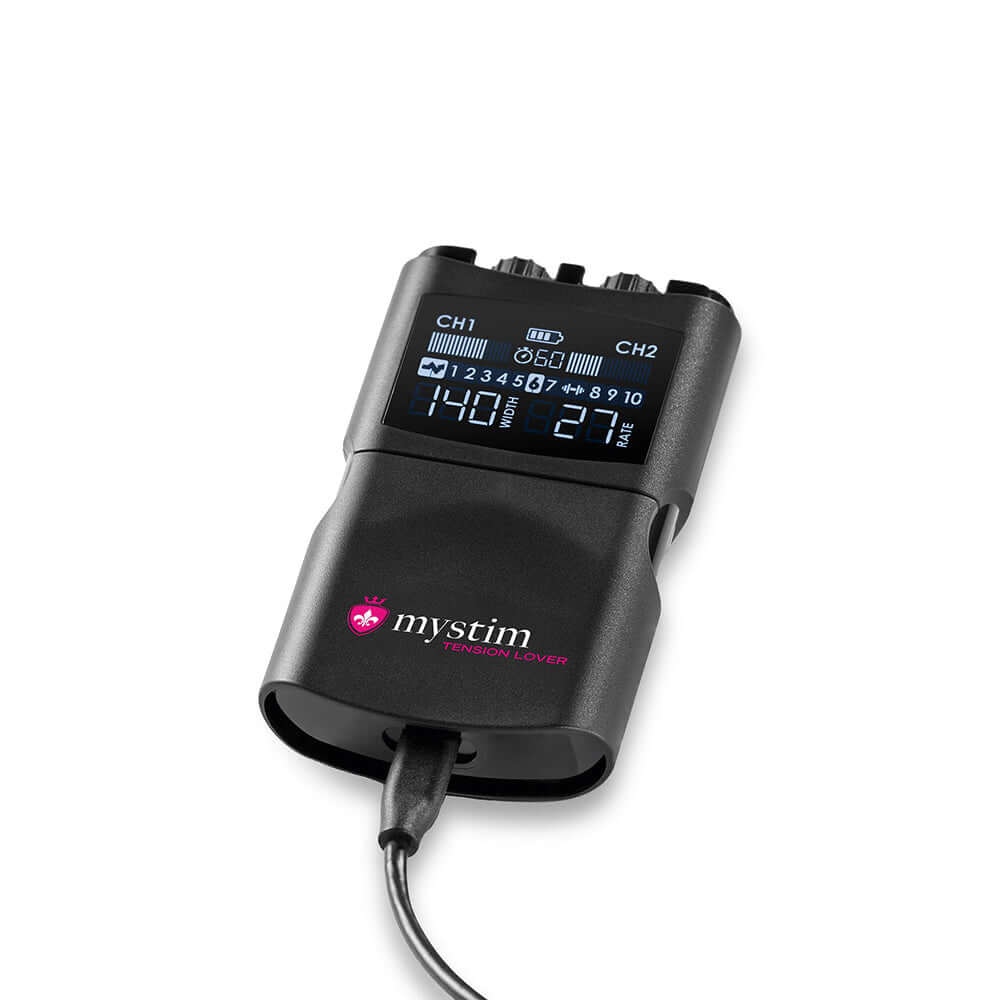 Mystim Tension Lover 2 device with digital controls for stimulation, featuring channel indicators and a sleek design.