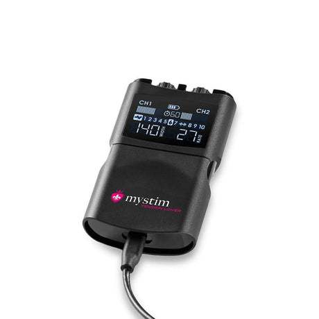 Mystim Tension Lover 2 device with digital controls for stimulation, featuring channel indicators and a sleek design.