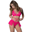 Magic Silk Pink Kink Bralette, High Leg Panty & Garter Skirt Set Pink Glow S/M