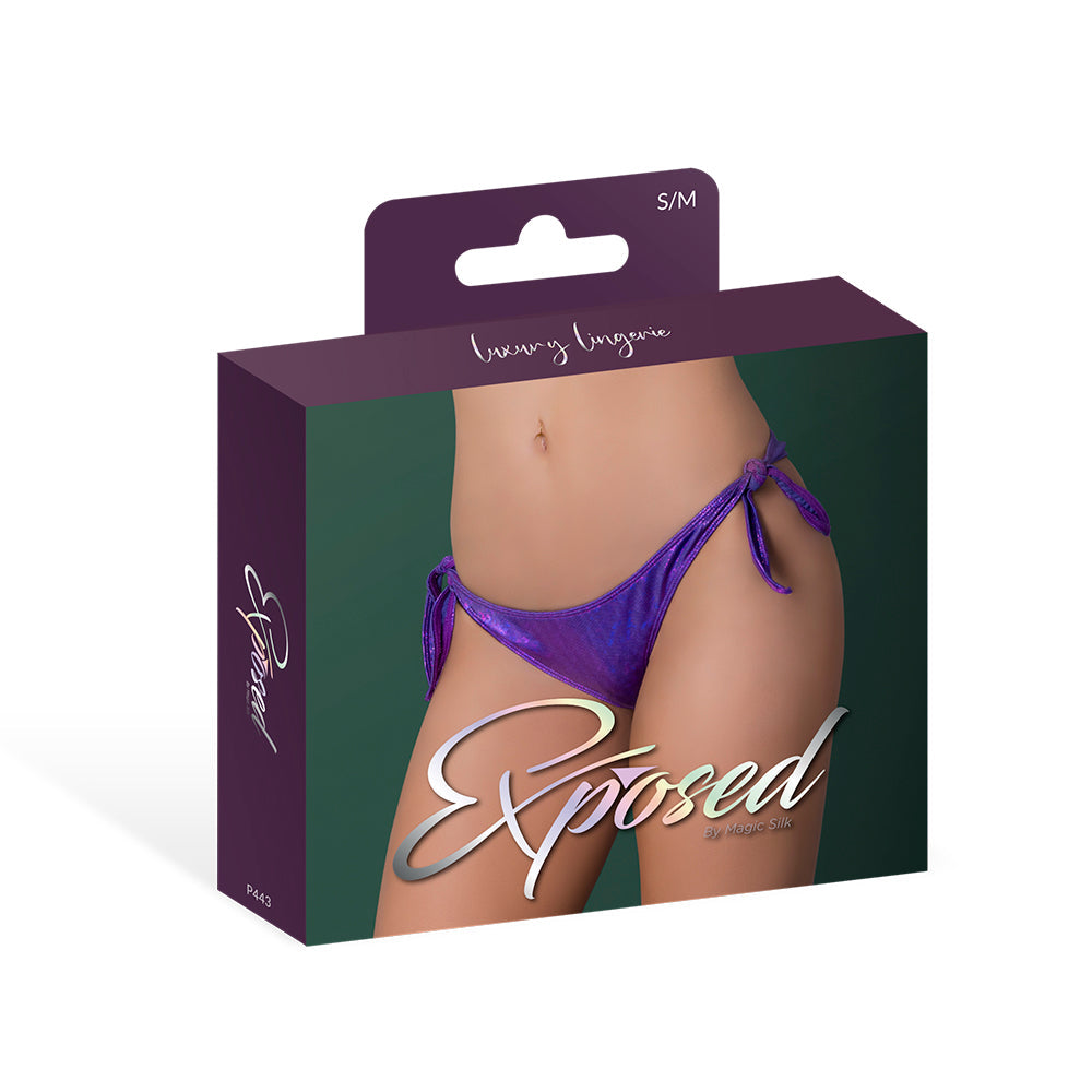 Magic Silk Glimmer Low Rise Tie Side Panty Purple Disco S/M packaging showcasing vibrant purple design and tie side details.