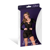 Magic Silk Seamless Long Sleeve Romper Black with Rhinestones OS packaging displayed with model.
