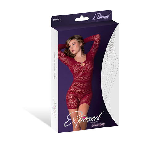 Magic Silk Seamless Long Sleeve Romper Burgundy packaging featuring a model wearing the romper.