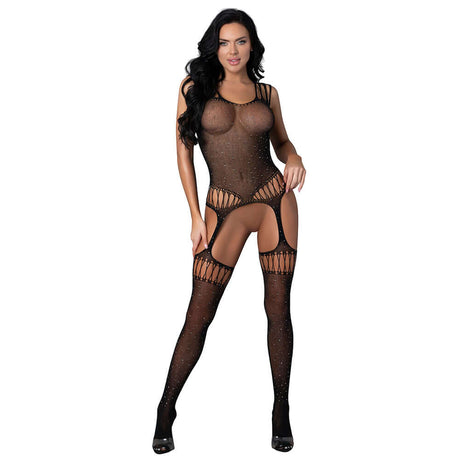 Magic Silk Seamless Bodystocking Black with Rhinestones O/S