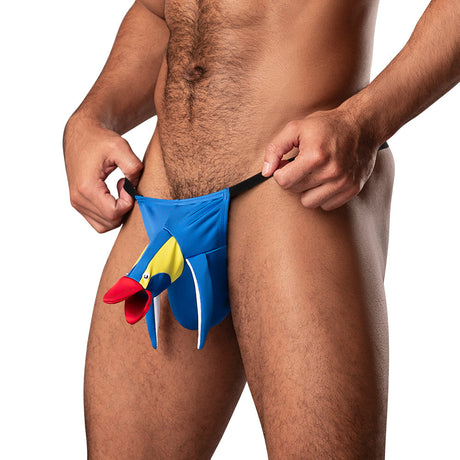 Male Power Novelty Blue Swallow Blue OS displayed on a male model for humorous underwear collection.