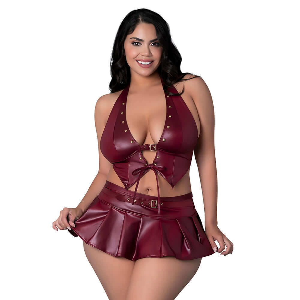 Lust Fetish Seraphina Burgundy Queen Size lingerie set showcasing bold fashion and dramatic accents.