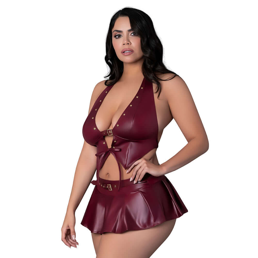 Lust Fetish Seraphina Burgundy Queen Size lingerie set featuring a stylish wet-look finish and adjustable details.