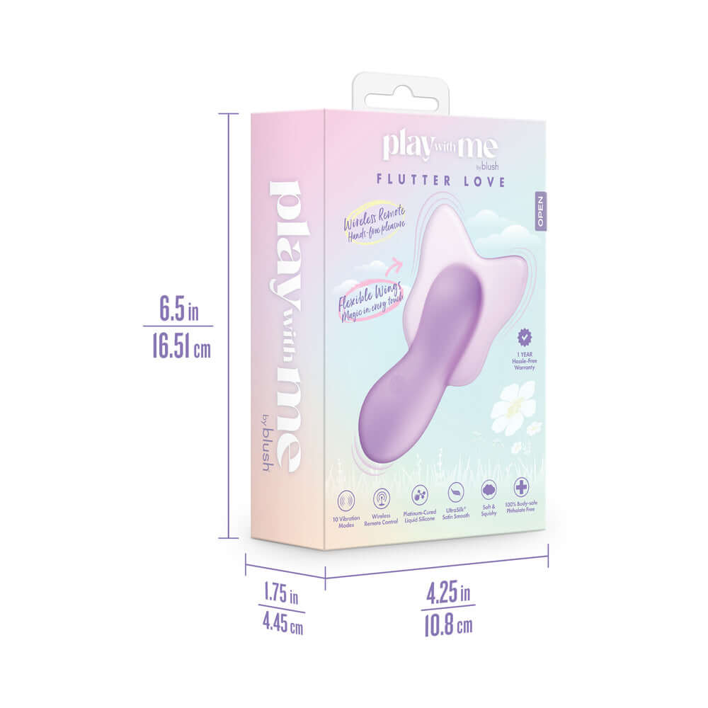 Play With Me Flutter Love Massager Purple packaging with dimensions and design details.