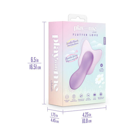Play With Me Flutter Love Massager Purple packaging with dimensions and design details.