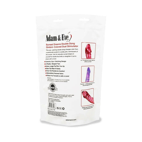 Adam and Eve Sunset Dreams Double Dong packaging showcasing features and ombre design.