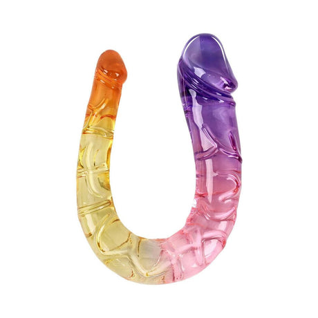 Adam and Eve Sunrise Dreams Double Dong in ombre colors of purple, orange, pink, and yellow for intimate moments.