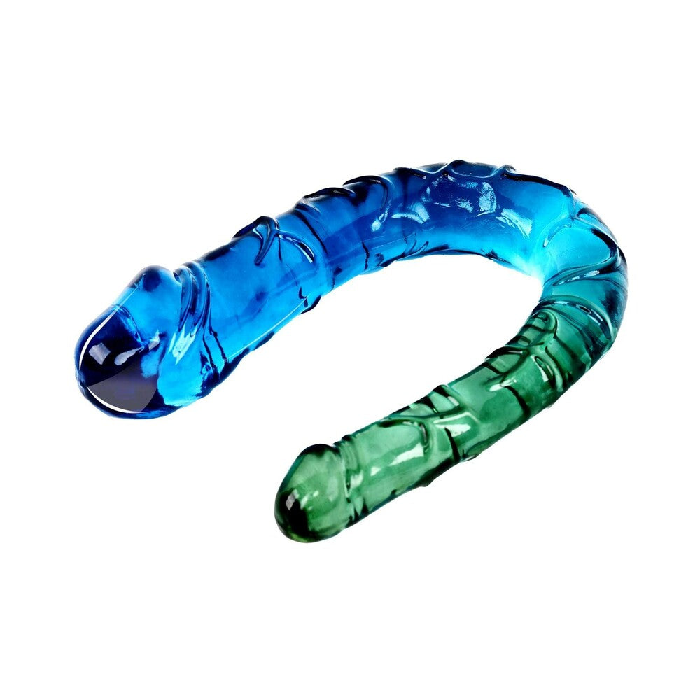 Adam and Eve Sensual Seaside Dreams Double Dong showcasing blue and green hues with textured surface for added pleasure.