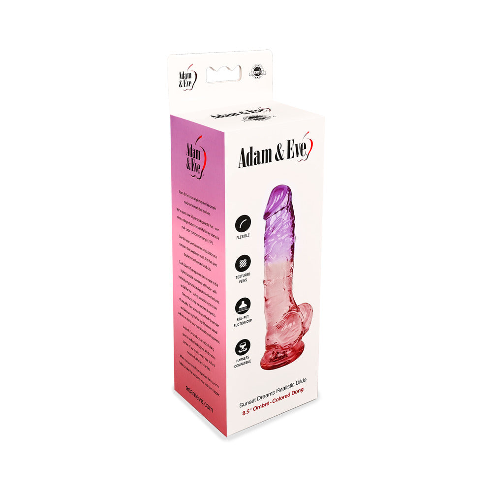 Adam and Eve Sunset Dreams Realistic Dildo 8.5 inches packaging showcasing ombre design and features.